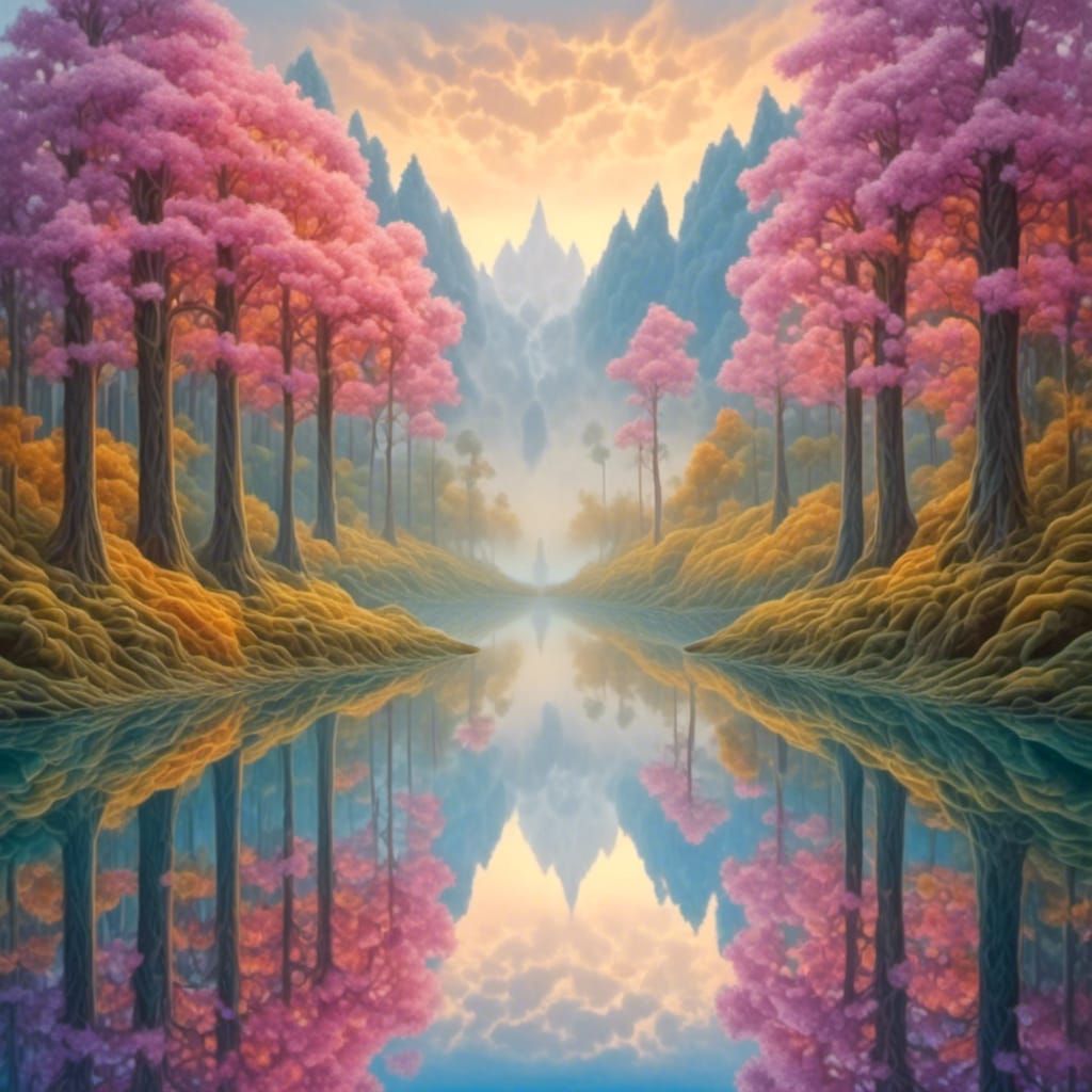 reflective water, forest, vertically symmetrical, <lora:Symmetrical:1.0> 