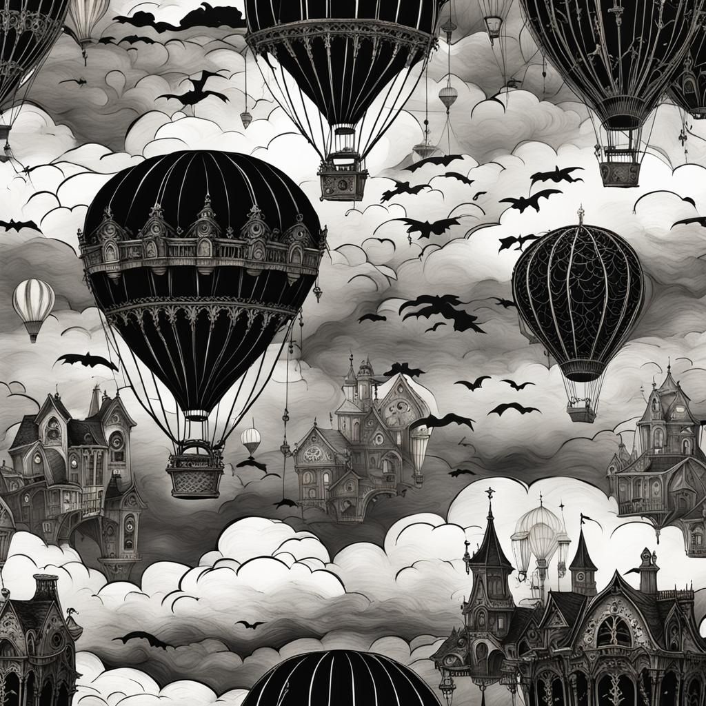 Gothic steampunk hot air balloon Tim Burton style stormy night sky - AI ...