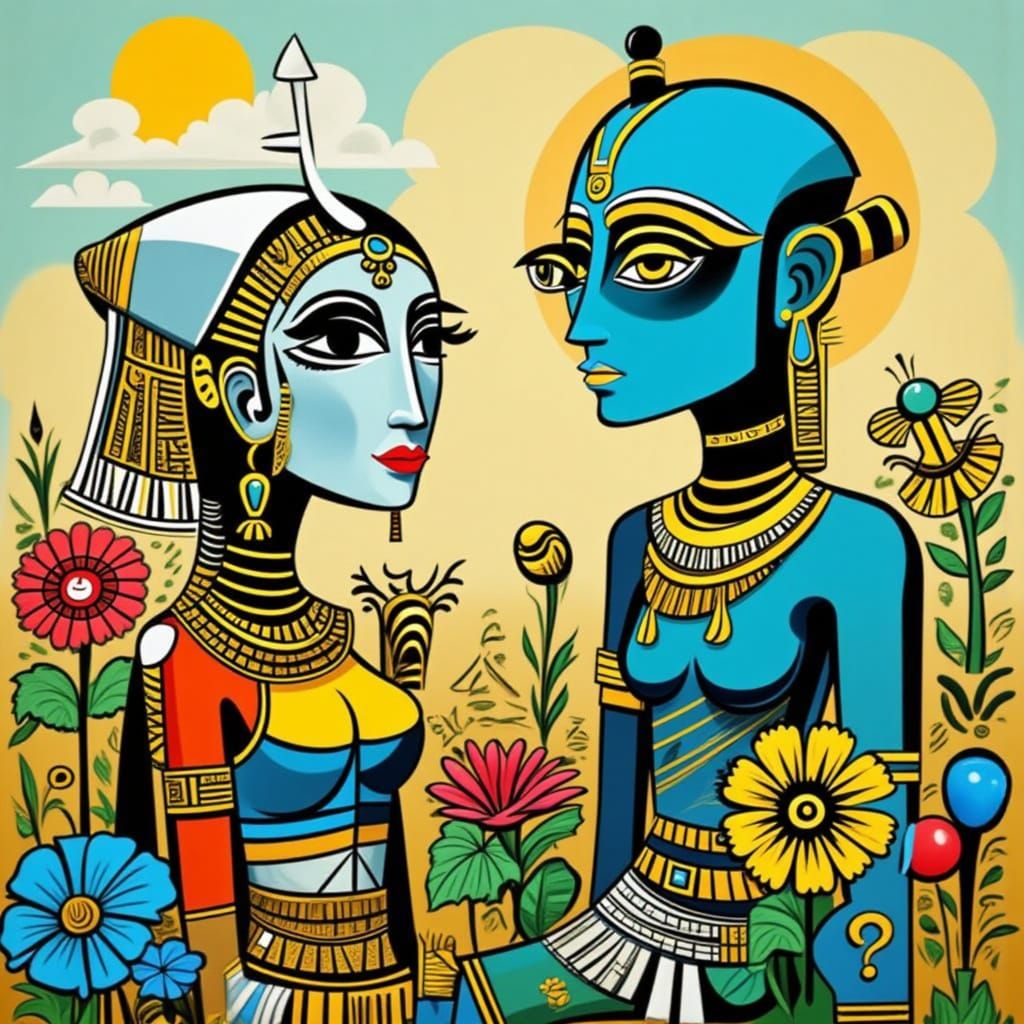 <lora:EGYPTIAN GOLD:1.0> Cute robots in a flower garden