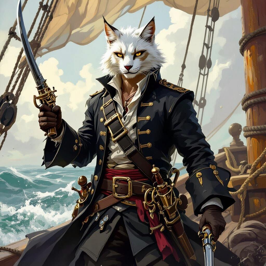 Tabaxi male with short white fur golden eyes pirate, carrying a saber in one hand a pistol in the other with daggers on his hip, with a long...