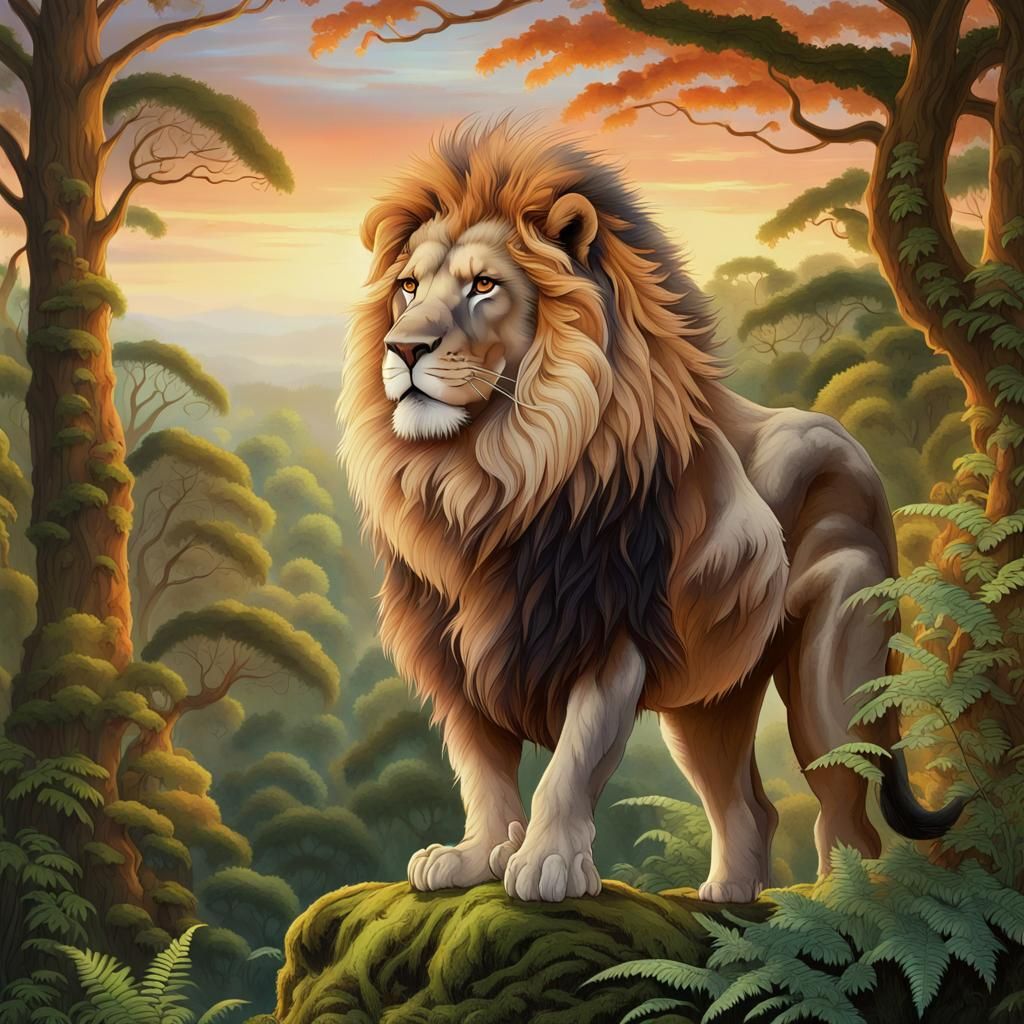 Regal Lion Overlooking Jungle Canopy in Sunset