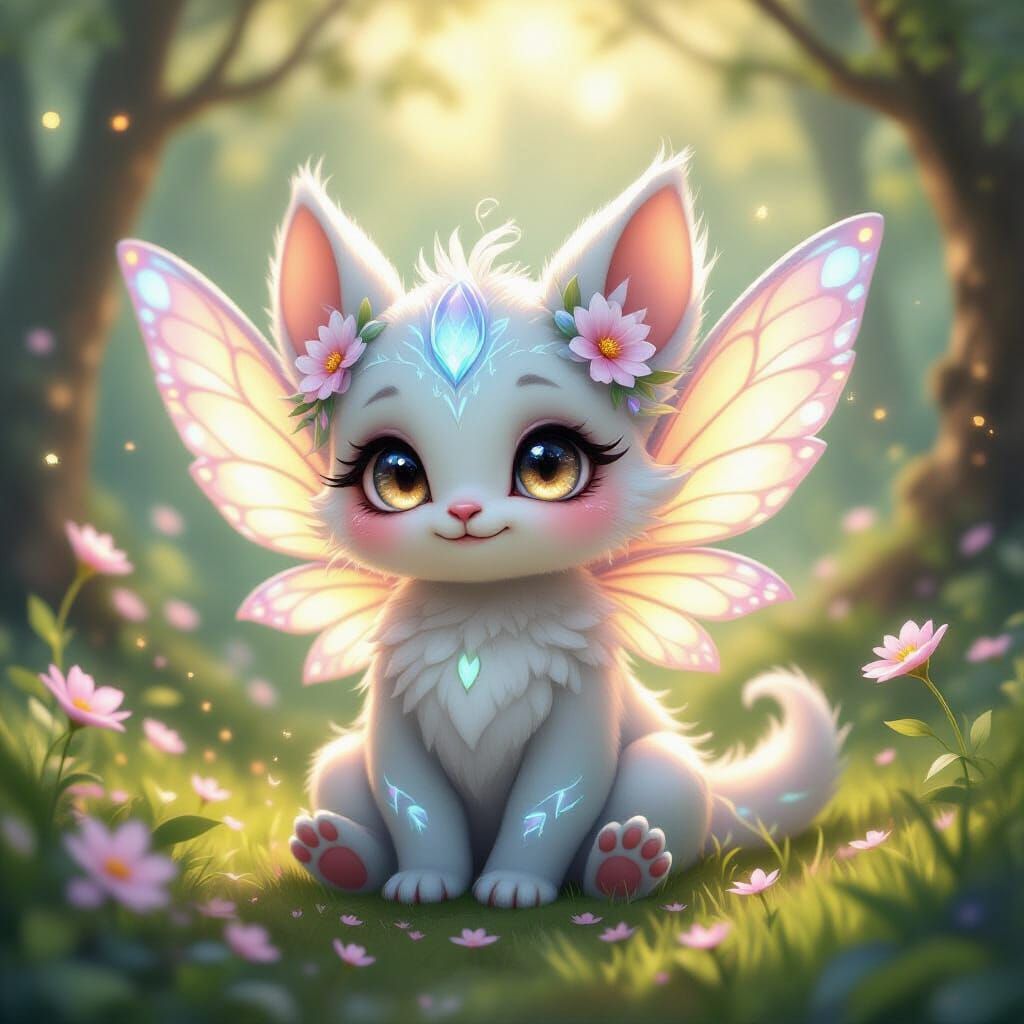 Ultra-detailed, hyper-realistic 8K fantasy creature in a magical forest. A completely new and unique design, very cute but unlike any known ...