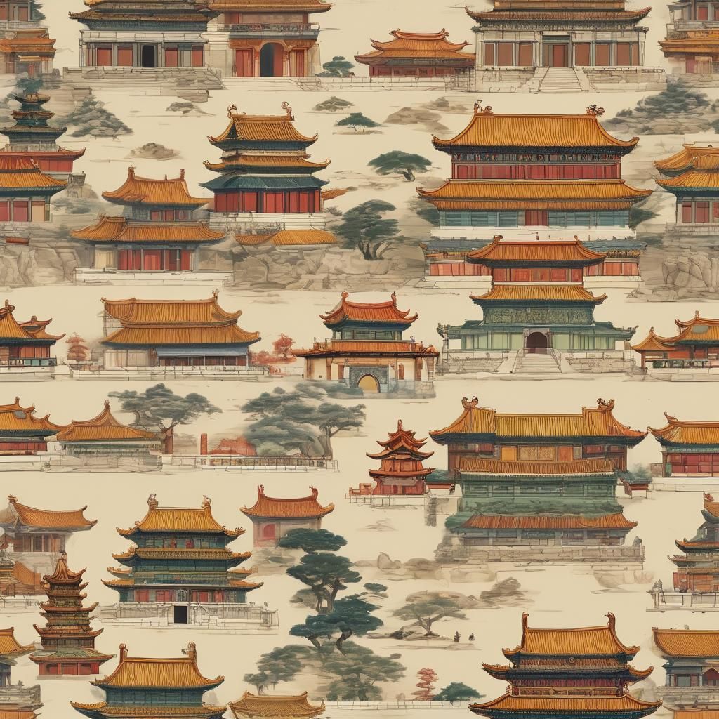A set of illustrations with Chinese architectural elements, ...
