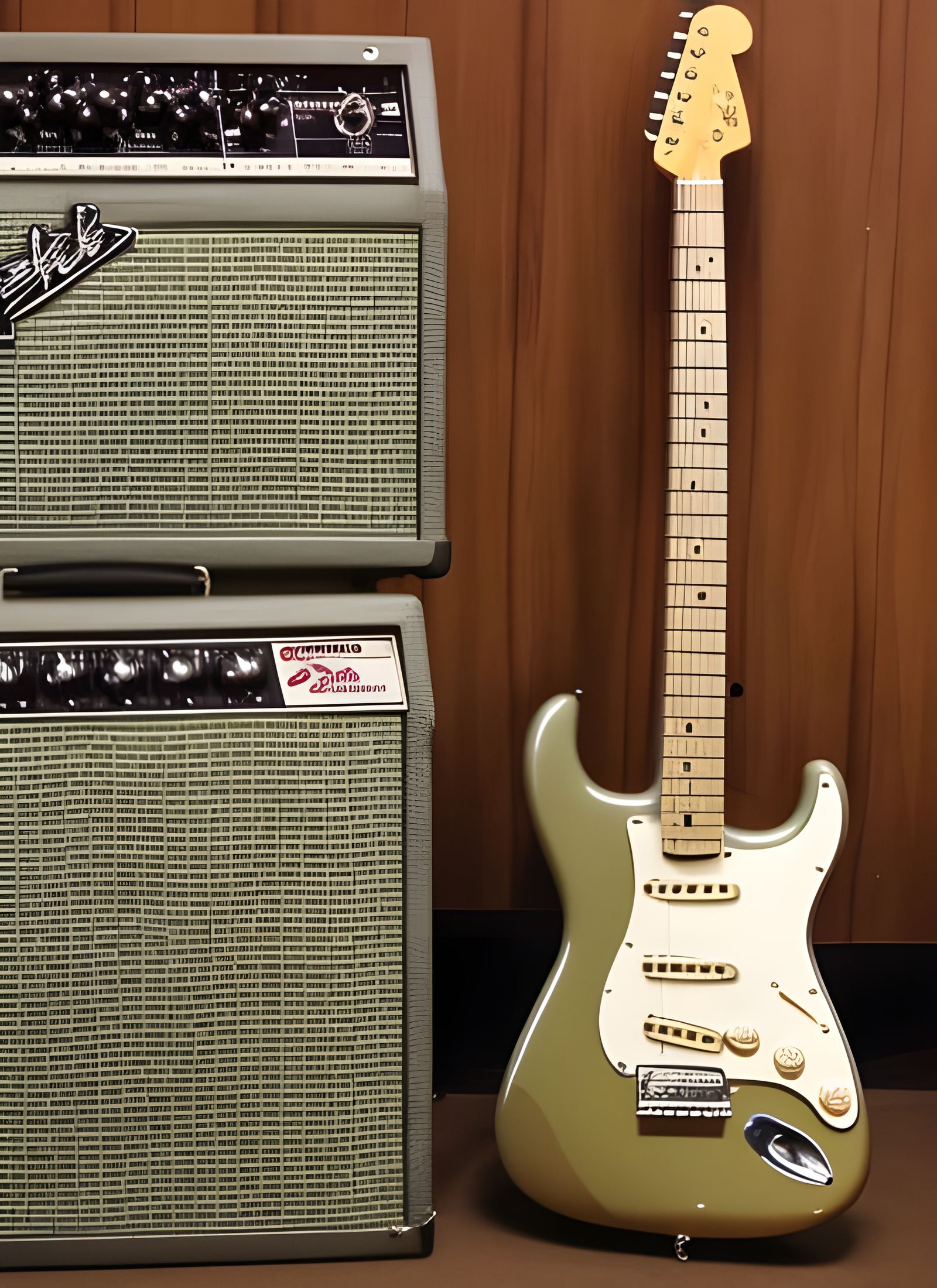 1967 fender pro reverb amp next to a 1967 Fender Stratocaster guitar AI Generated Artwork