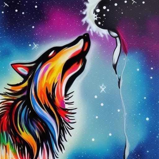 Wolf howling to the full moon under a twinkling night sky