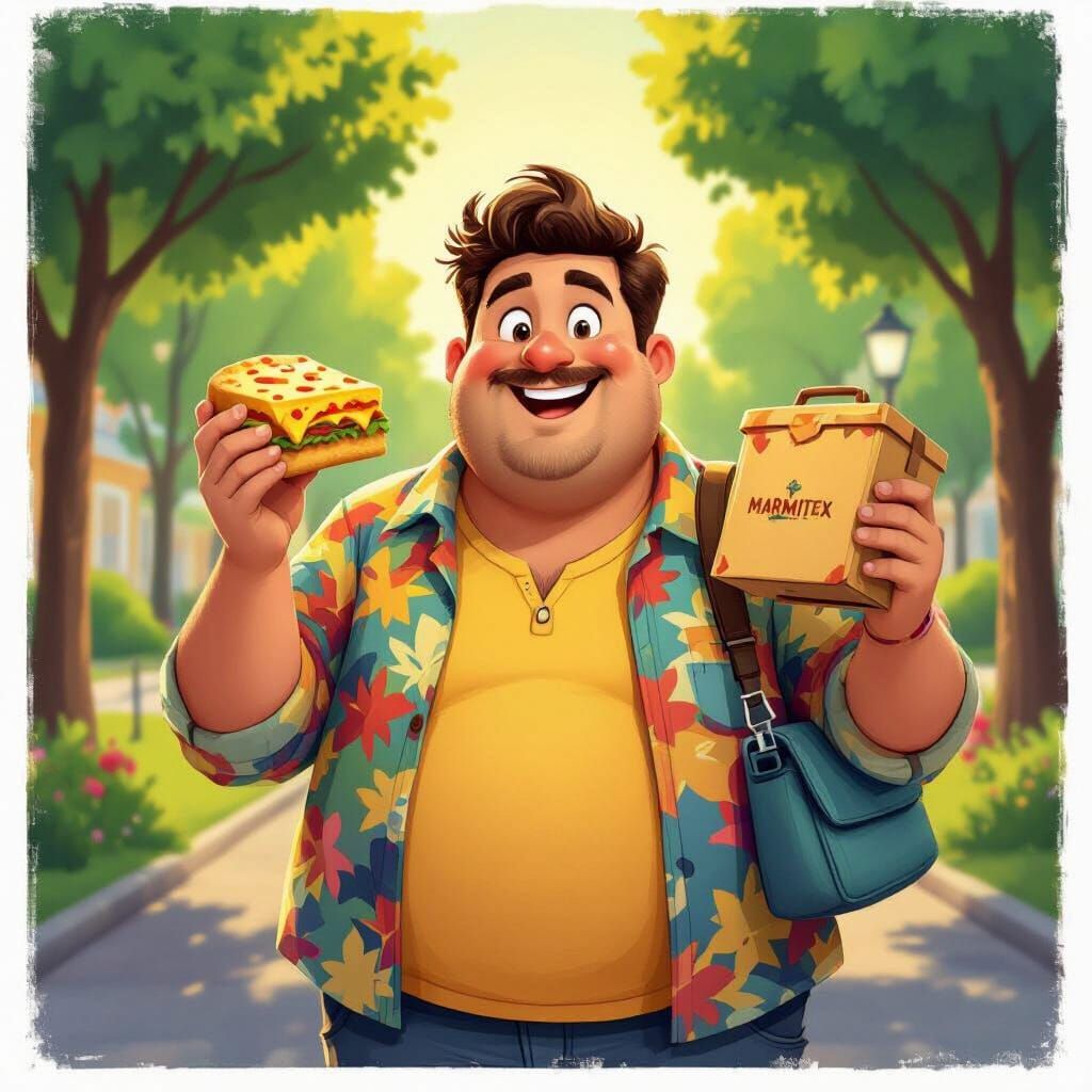  imagem de um desenho de um gordinho segurando um lanche e uma Marmitex 
