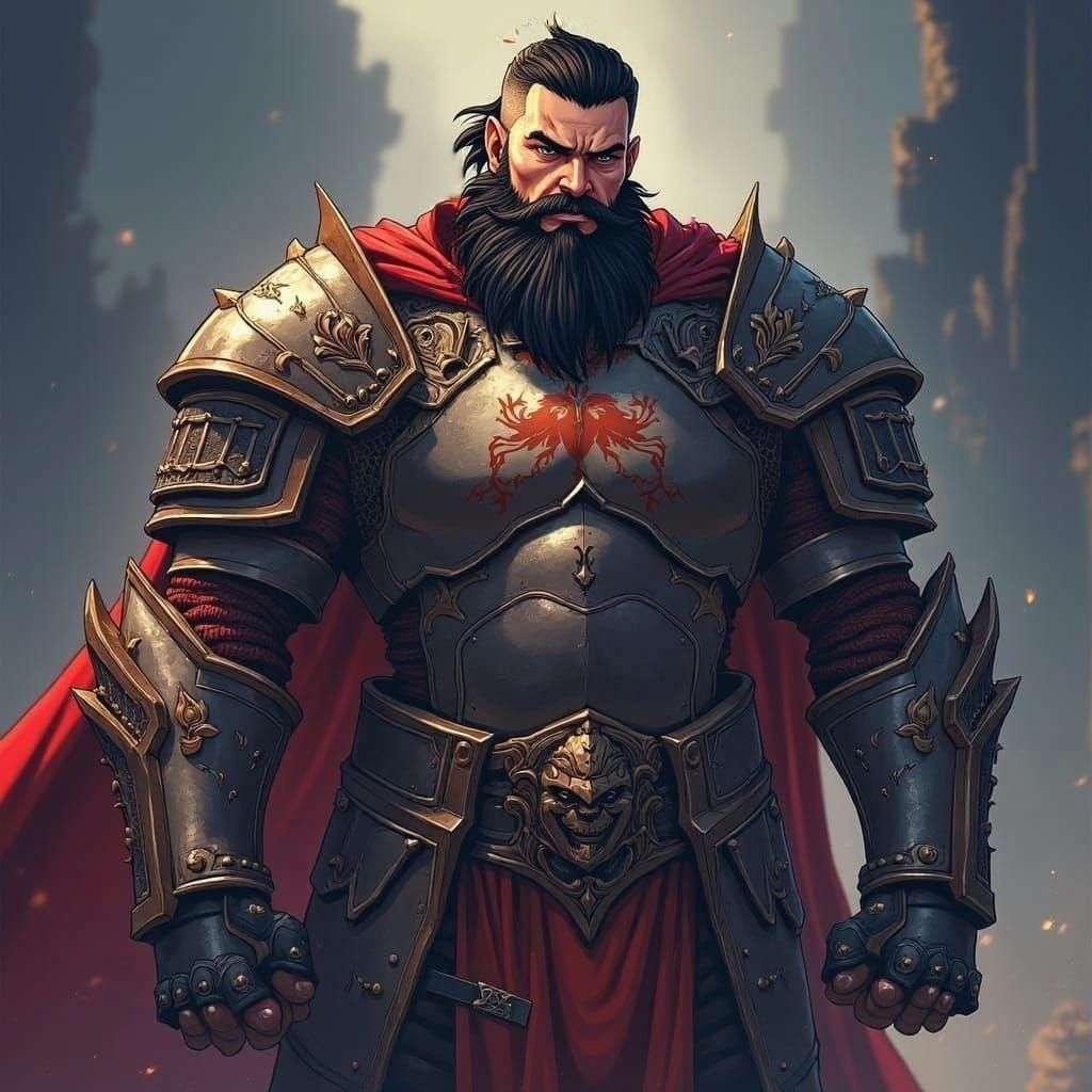 Russian hefty strong man with a beard, Fantasy, Knight Armor, no helmet