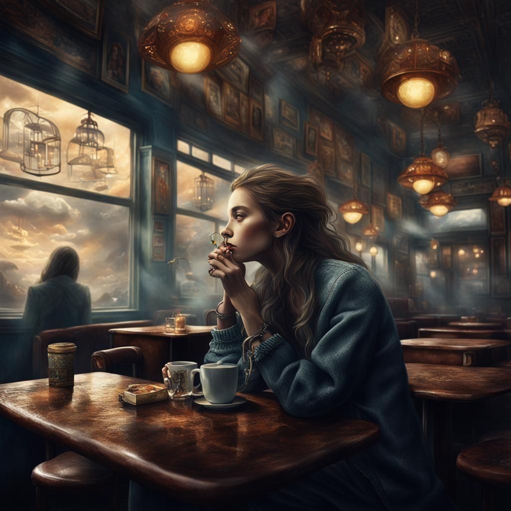 She sits alone in a smoke filled café,
Watching the world go...