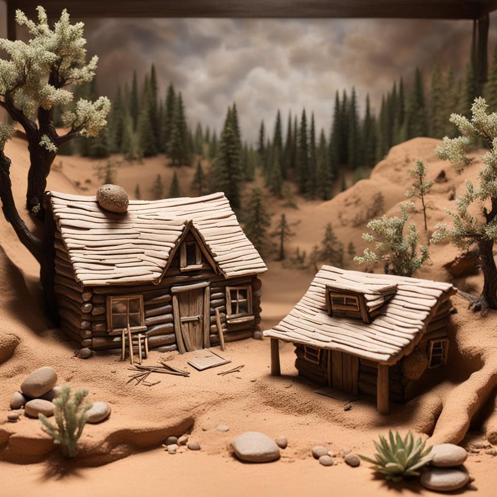 Clay diorama of a pioneer cabin during a drought, clay and mixed media ...