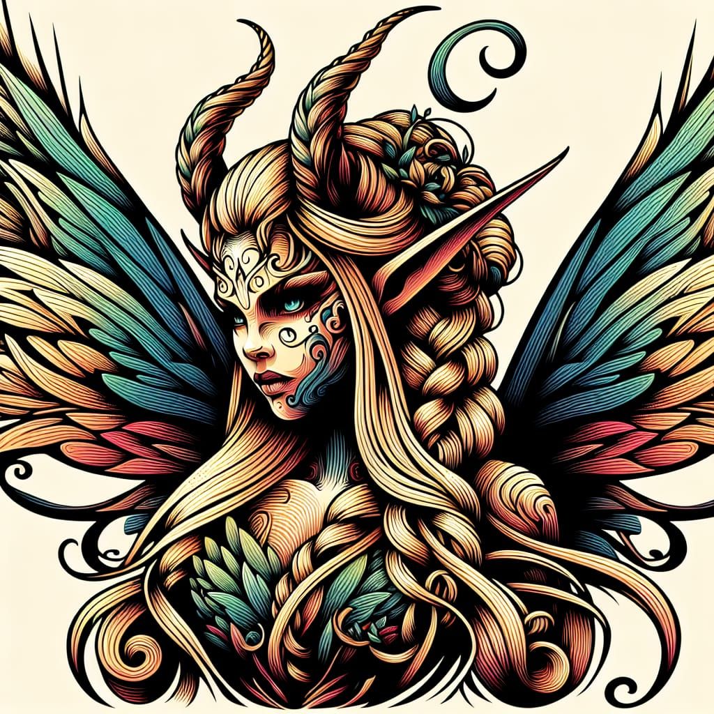 Gorgeous demon long blonde braids horns wings in fairy costu...