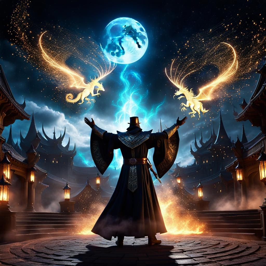 A Warlock extends his hands towards the sky like dancing, casting an enchantment that ignites the night with an hyperdetailed shower of shim...