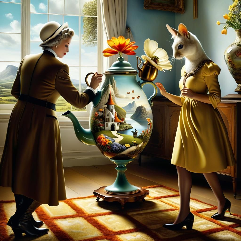 Surreal Landscape with Lady, Animals, and Flowers