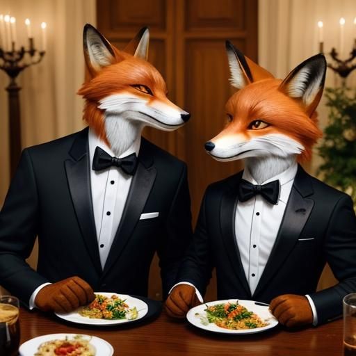 An anthropomorphic fox wearing a tuxedo at a dinner party.