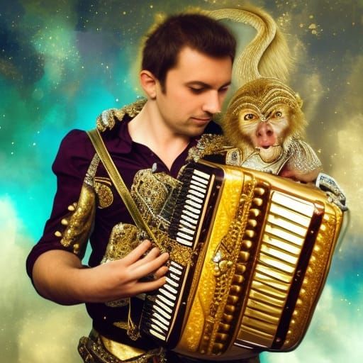 a man plays on a beautifully decorated accordion with detail...