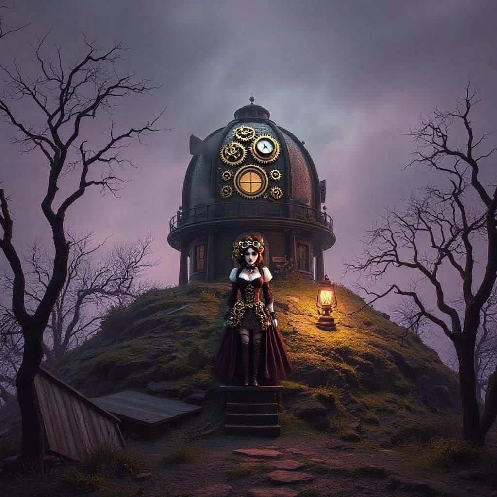 An steam punk woman who is lost in another planet abandoned at a Victorian-era observatory, its dome cracked and overgrown with moss, sits a...