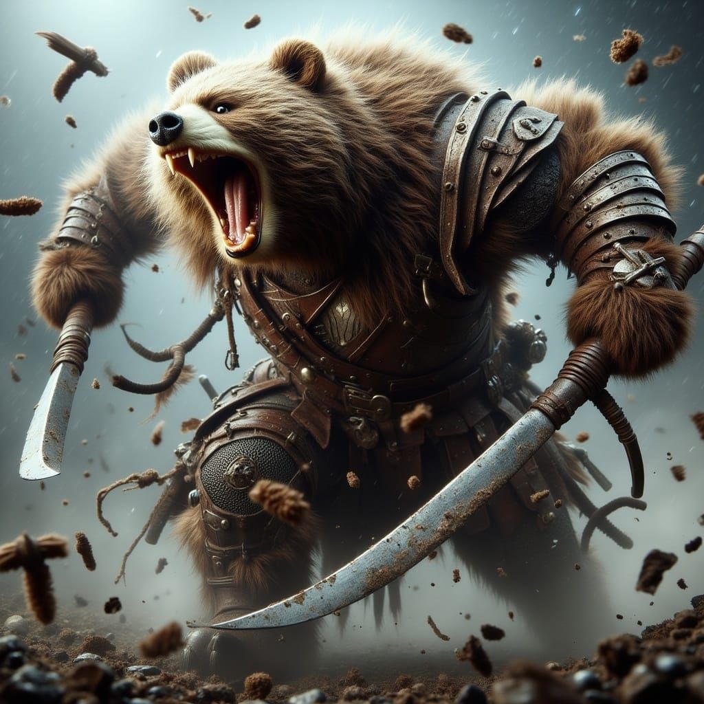  <lora:Battle Animals Flux:1.0> Anthropomorphic Battle Animal Bear