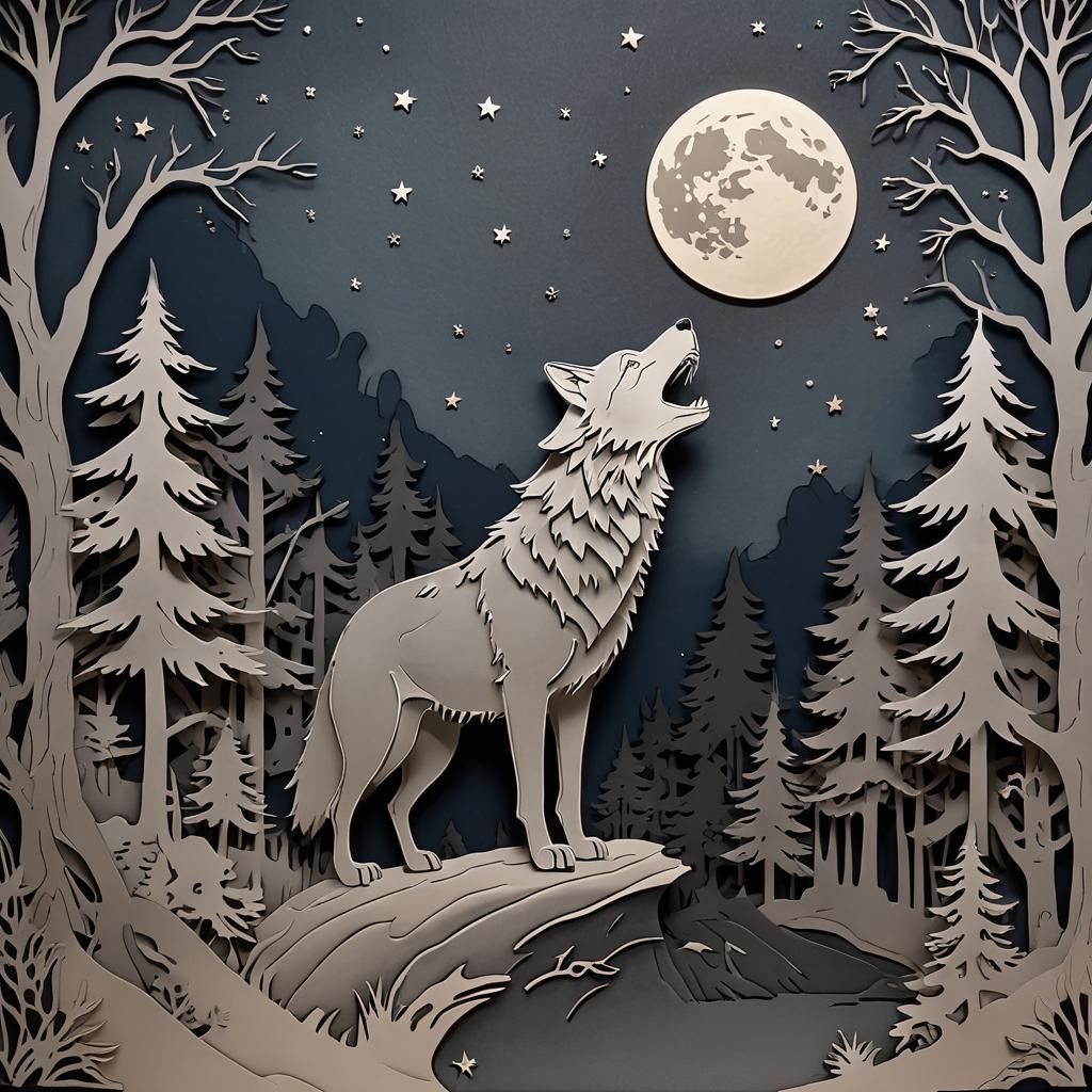 Kirigami night of a big timber wolf howling at the moon, sit...