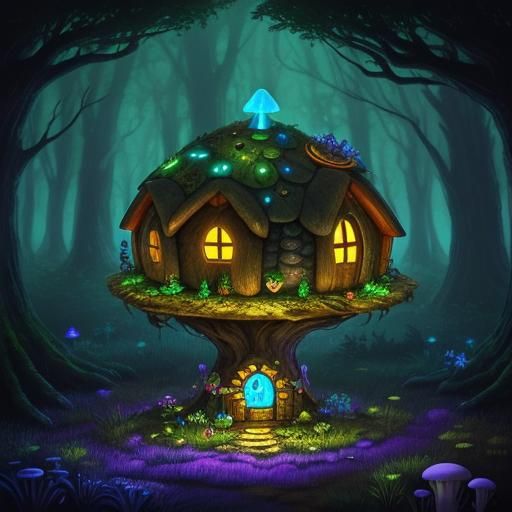 A fairy mushroom house in an enchanted bioluminescent forest...