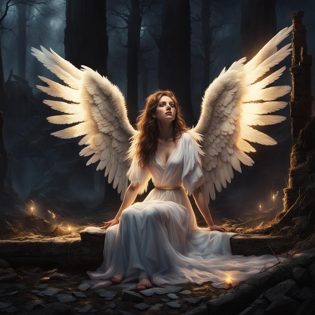 female angel wrapped in her wings sitting hunched on the ground with ...