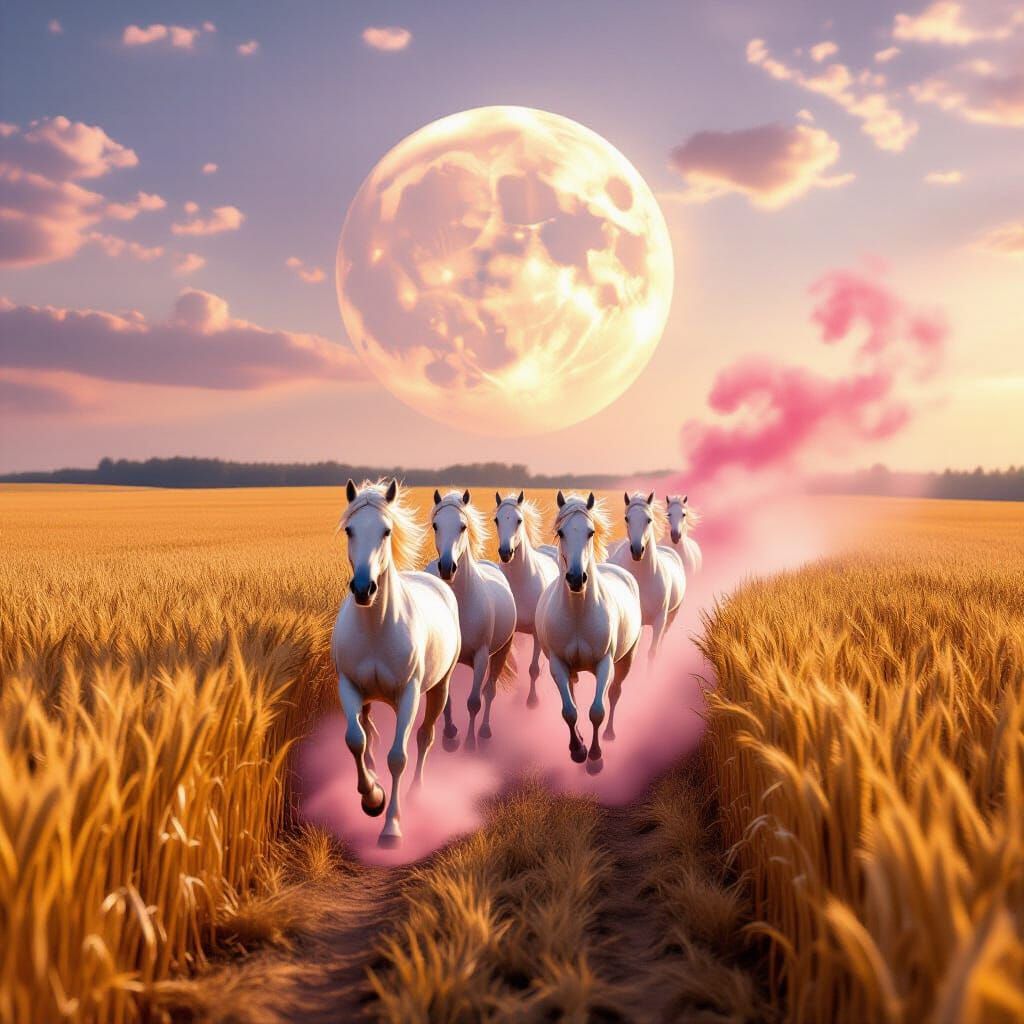 Изобрази гиперреалистичную магическую сцену. Огромное золотистое поле после сбора пшеницы, на котором остались только короткие стебли и тепл...