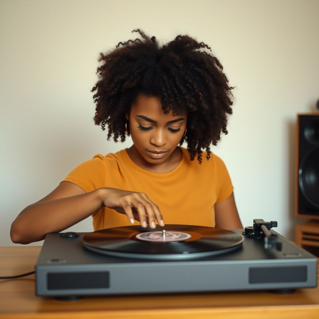 Young woman looks at her new record player