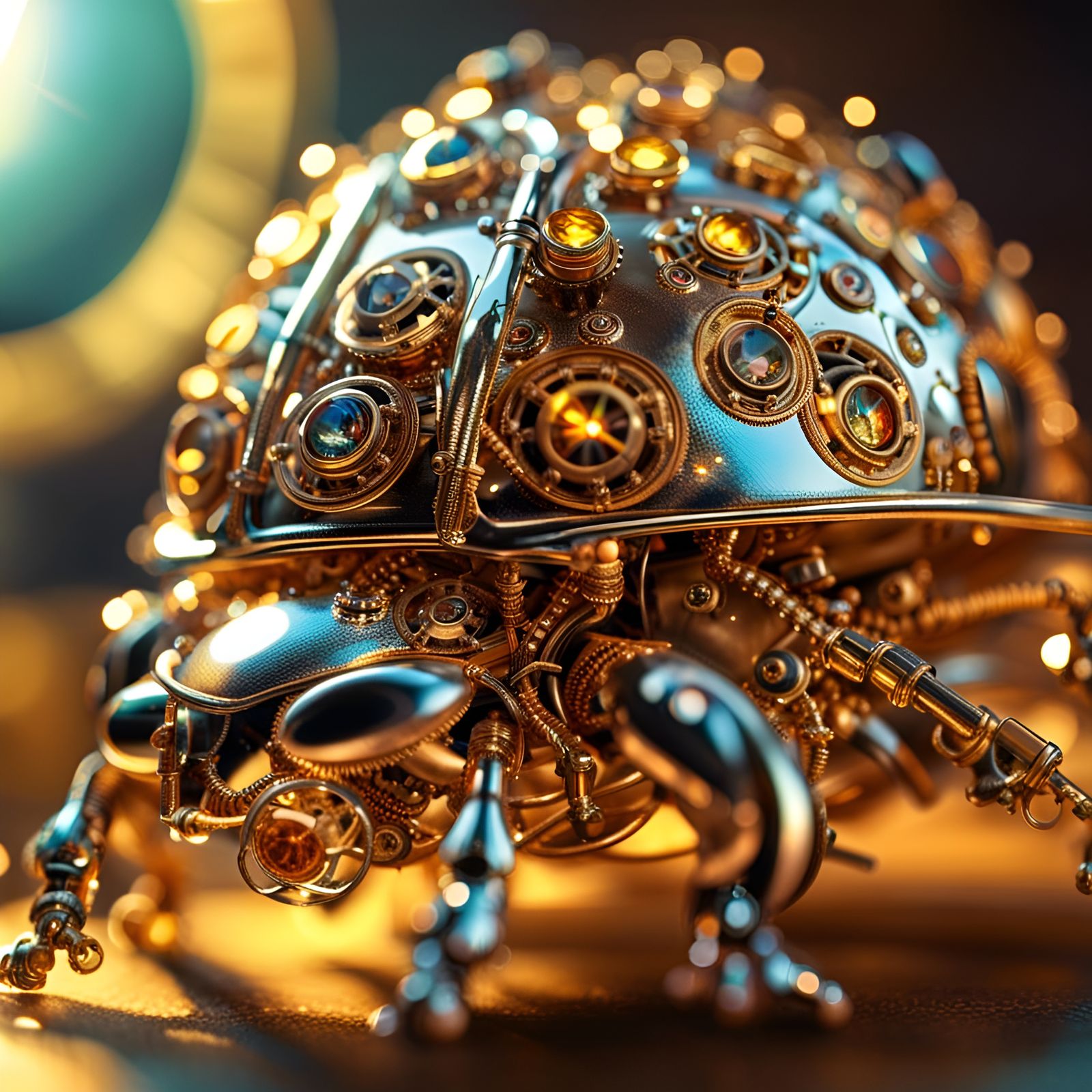 Close-up macro photograph, dazzling crystal ladybug, intricately bedecked in steampunk filigree,  illuminating ...  by @Alien00