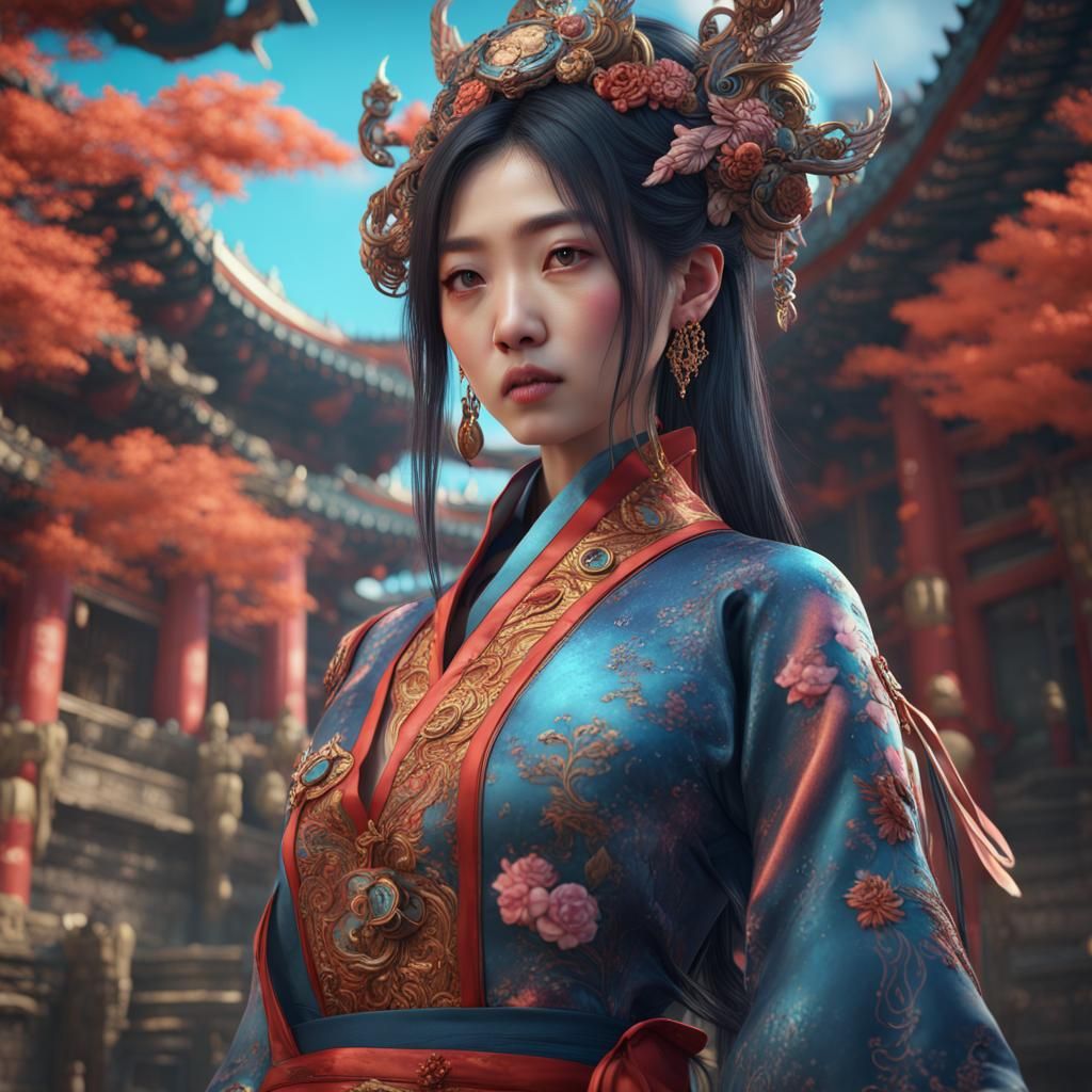 Detailed Portrait of Korean Girl in Maximalist Style