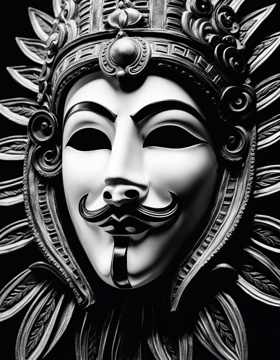 A detailed close-up image of a theatre mask, painted in stark black and white shades. The mask symbolizes ...  by @  debster