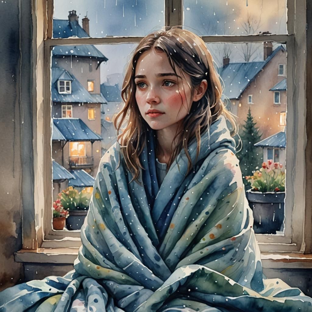
"A girl sitting in her home, wrapped in a blanket, looking out of the window at the rainy view
