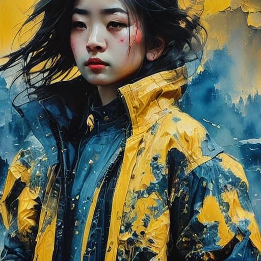 Asian Woman in Dystopian Landscape, Watercolour Portrait