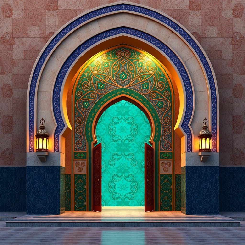 Majestic Moroccan Gateway with Vibrant Mosaics and Lanterns