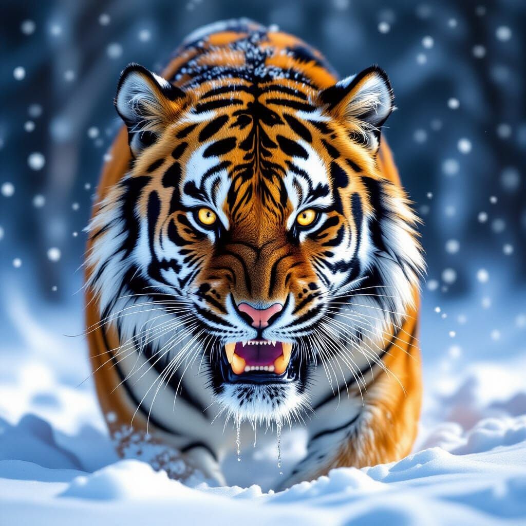 A fierce tiger with striking orange and black stripes emerges from a snowy background, showcasing its ...  by @Laly08