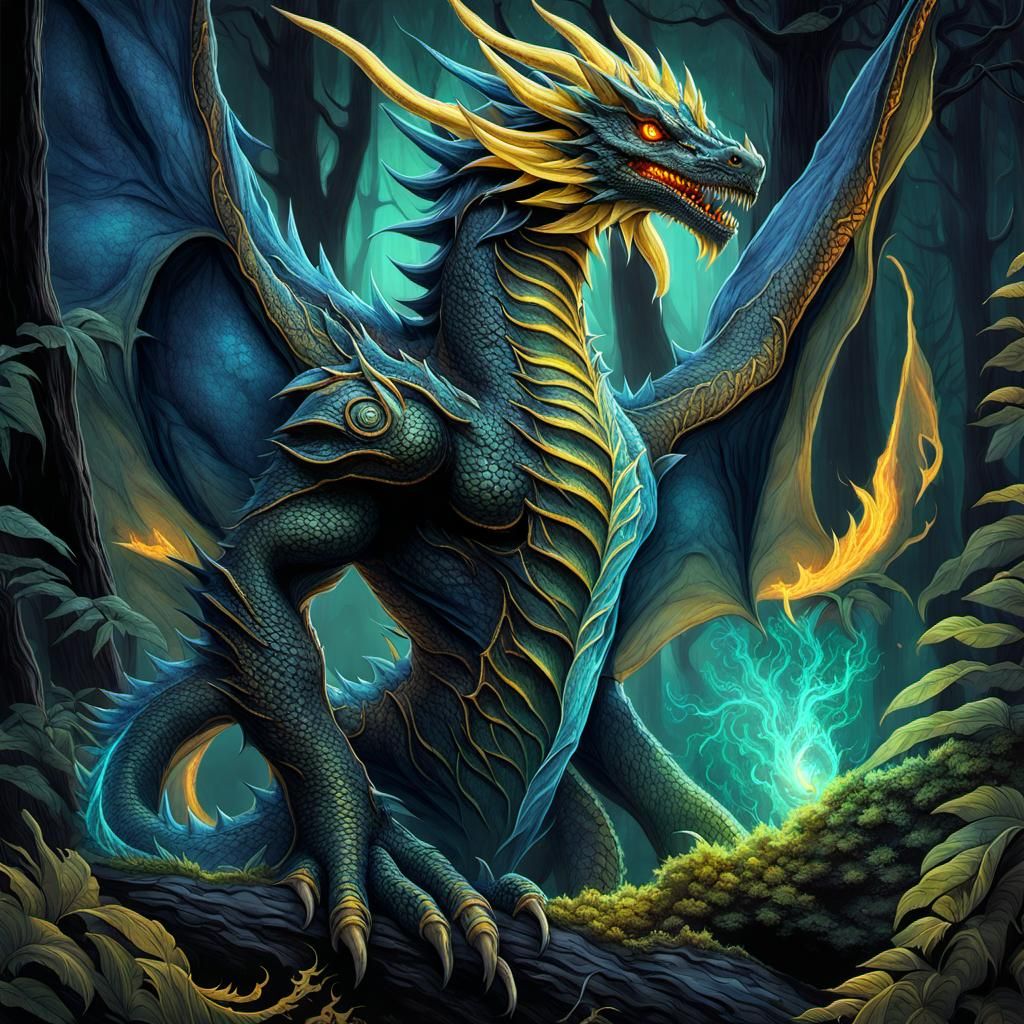 Ferocious Scaled Giant Dragon With Large Expressive Illuminated 