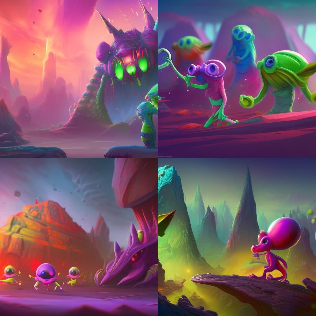 small cartoon creatures, fantastic, aliens made in bright co...