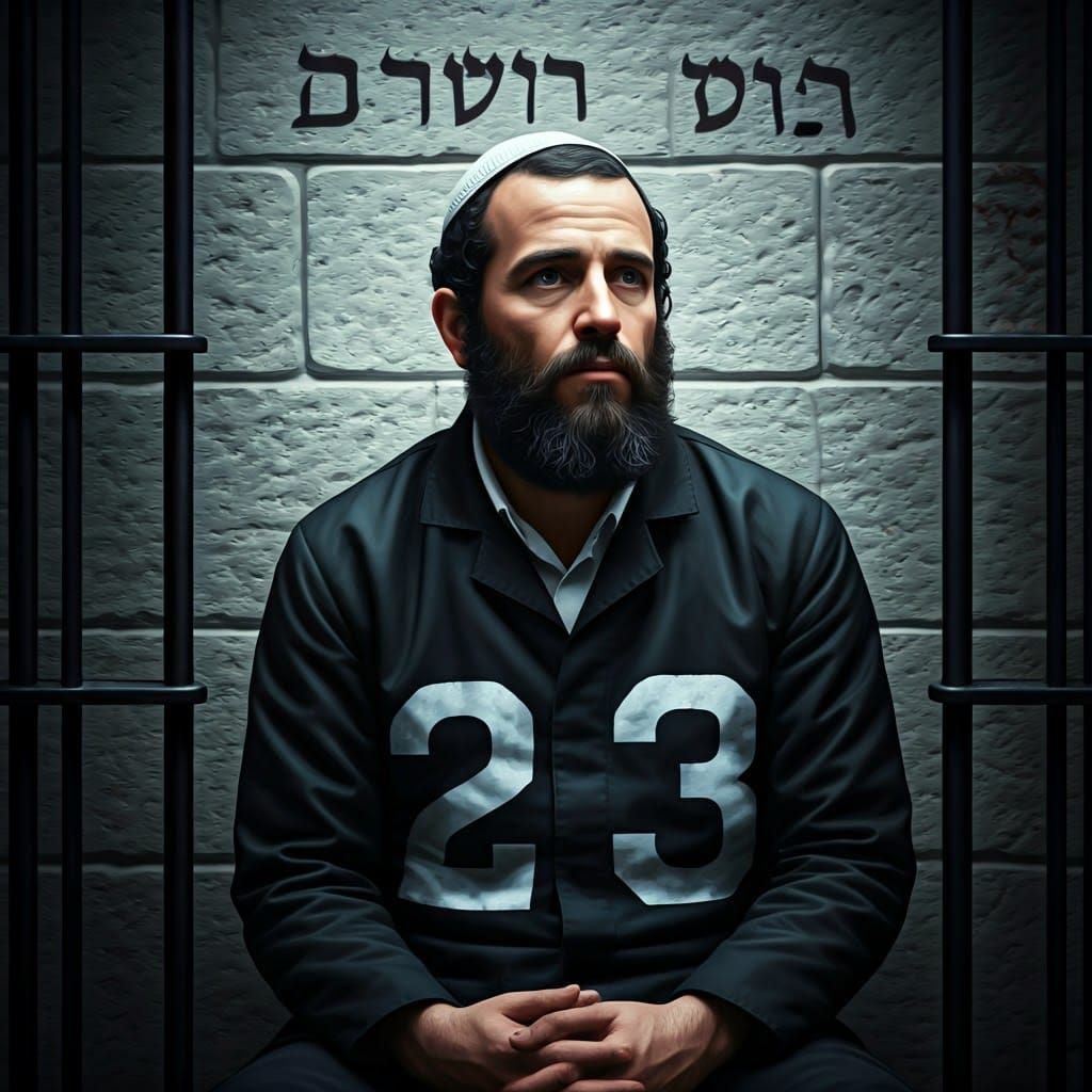 Somber Orthodox Man Behind Iron Bars in a Fantasy Landscape