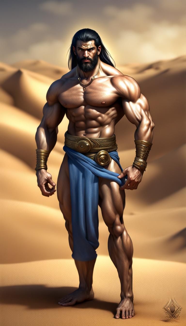 angry djinn, Persian, handsome, heavyset, tall, very muscula...