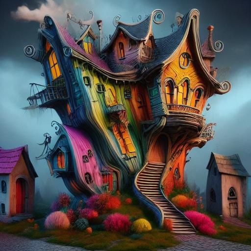 <lora:Wonky Houses SD15:1.0> Whimsical crooked mansion 