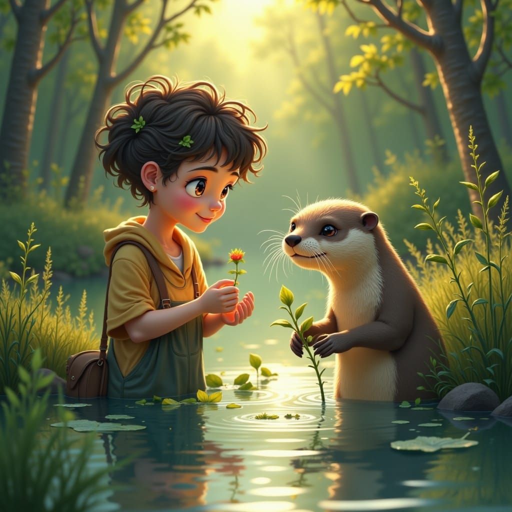 <lora:Gaias Helpers:1.0> Kid and otter clean rivers.