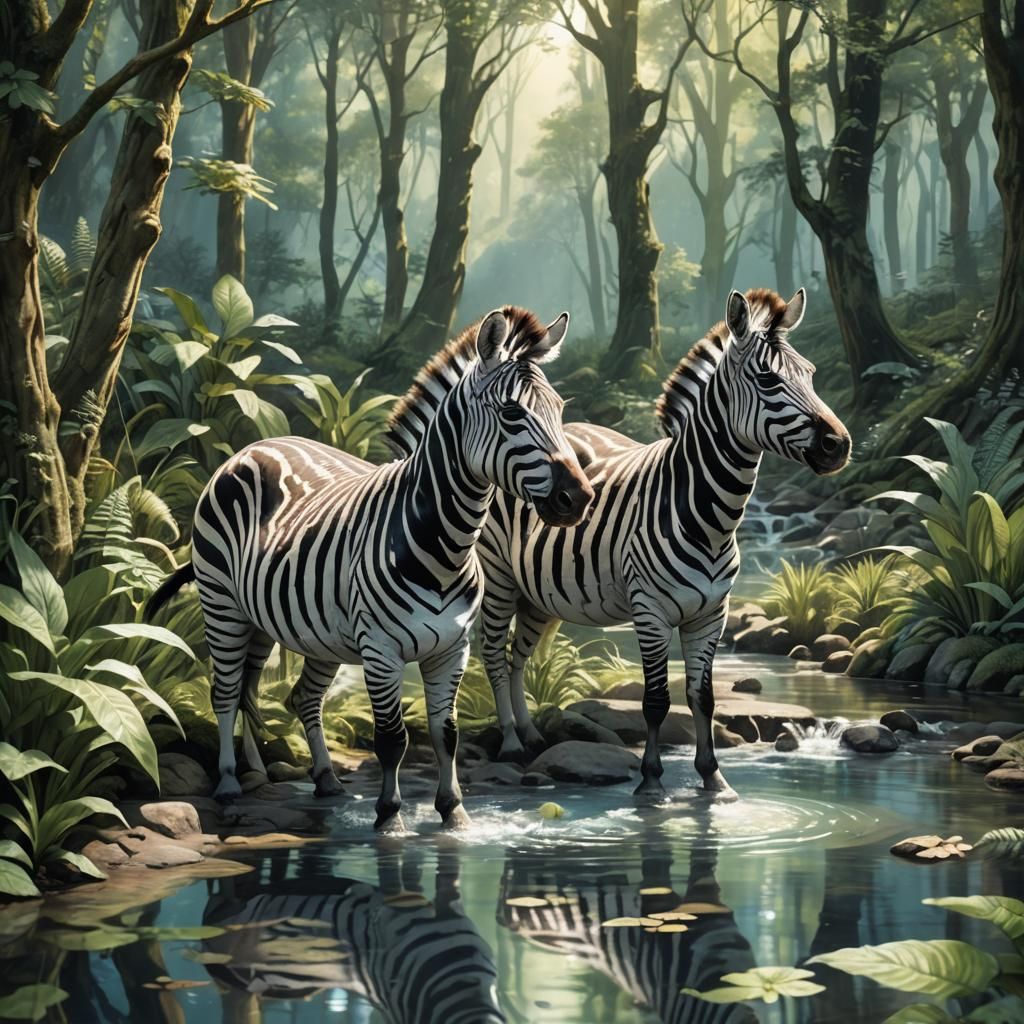 Zebras Sipping in Lush Forest, Fantasy Art