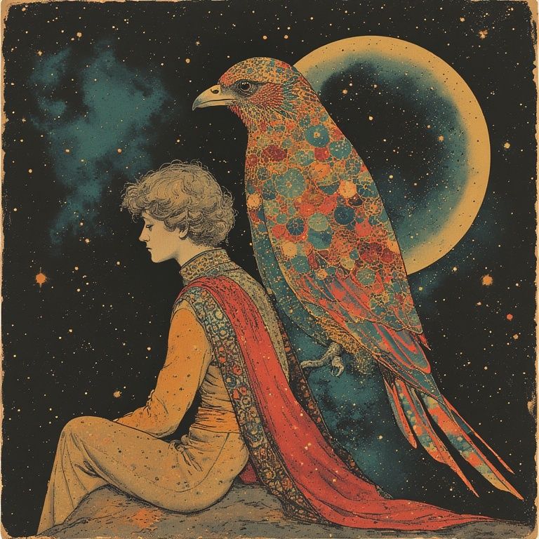 sitting alongside a large, colorful bird