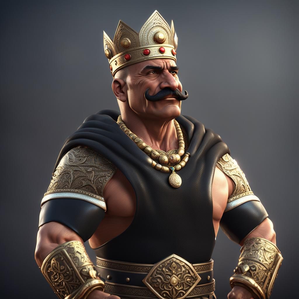 Fantasy iron sheik bald with crown black moustache big muscles AI