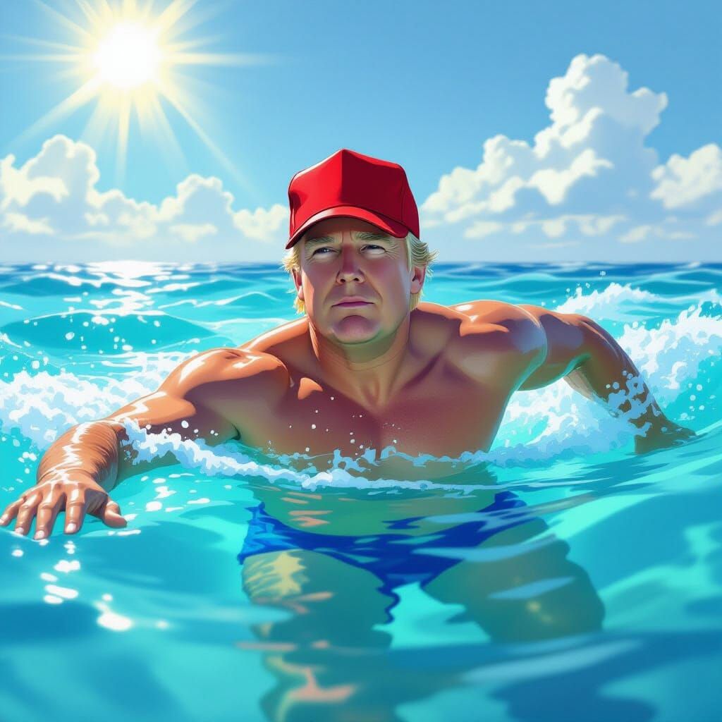 Donald Trump Swimming in Blue Sea with Red Cap