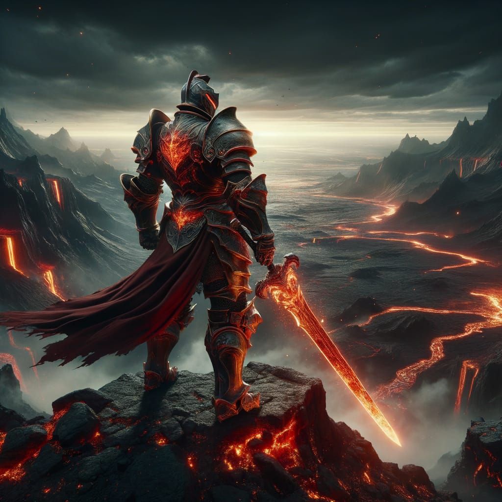 A majestic knight stands guard on a jagged obsidian cliff overlooking a vast volcanic plain. His full plate armor is a deep, polished fire r...