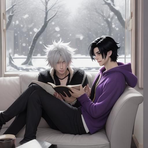 A man with fluffy black
 hair is wearing a purple vest and i...