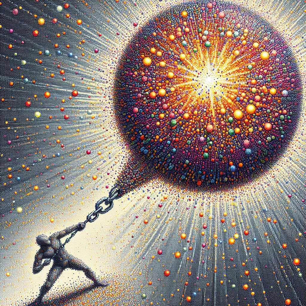 Humanoid swinging chain ball in air pointillism