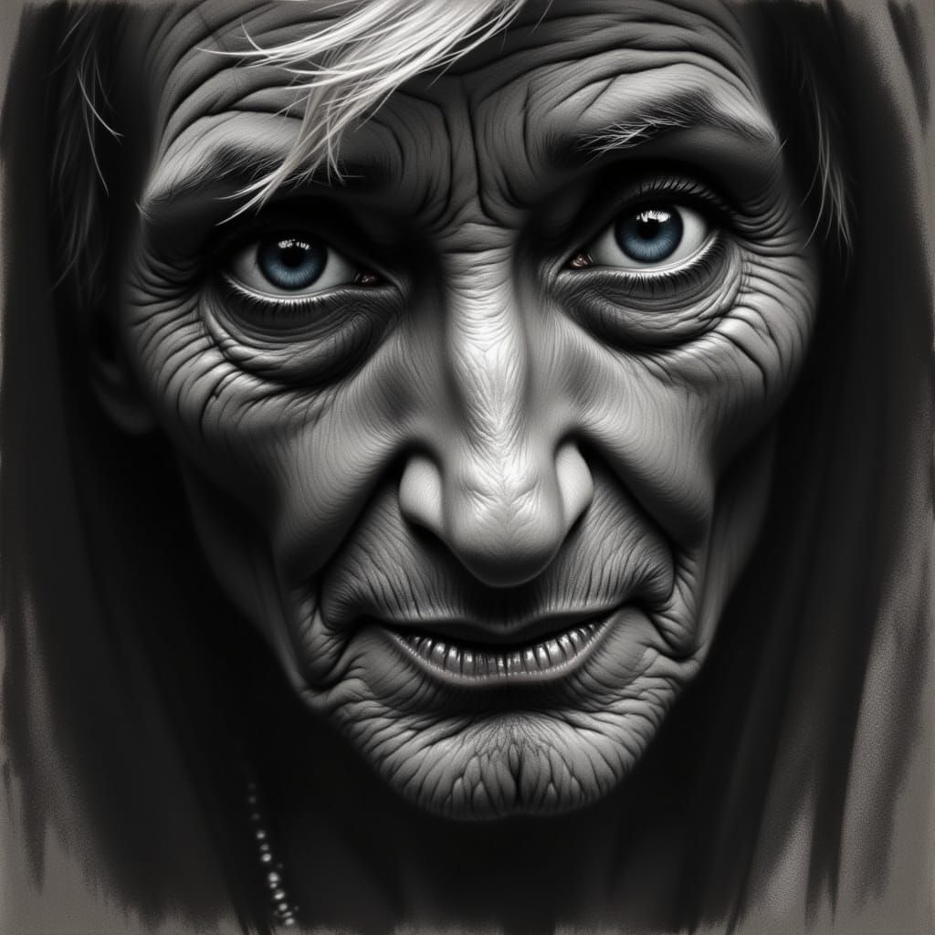 Elder's Face in Dramatic Black and White Charcoal Sketch