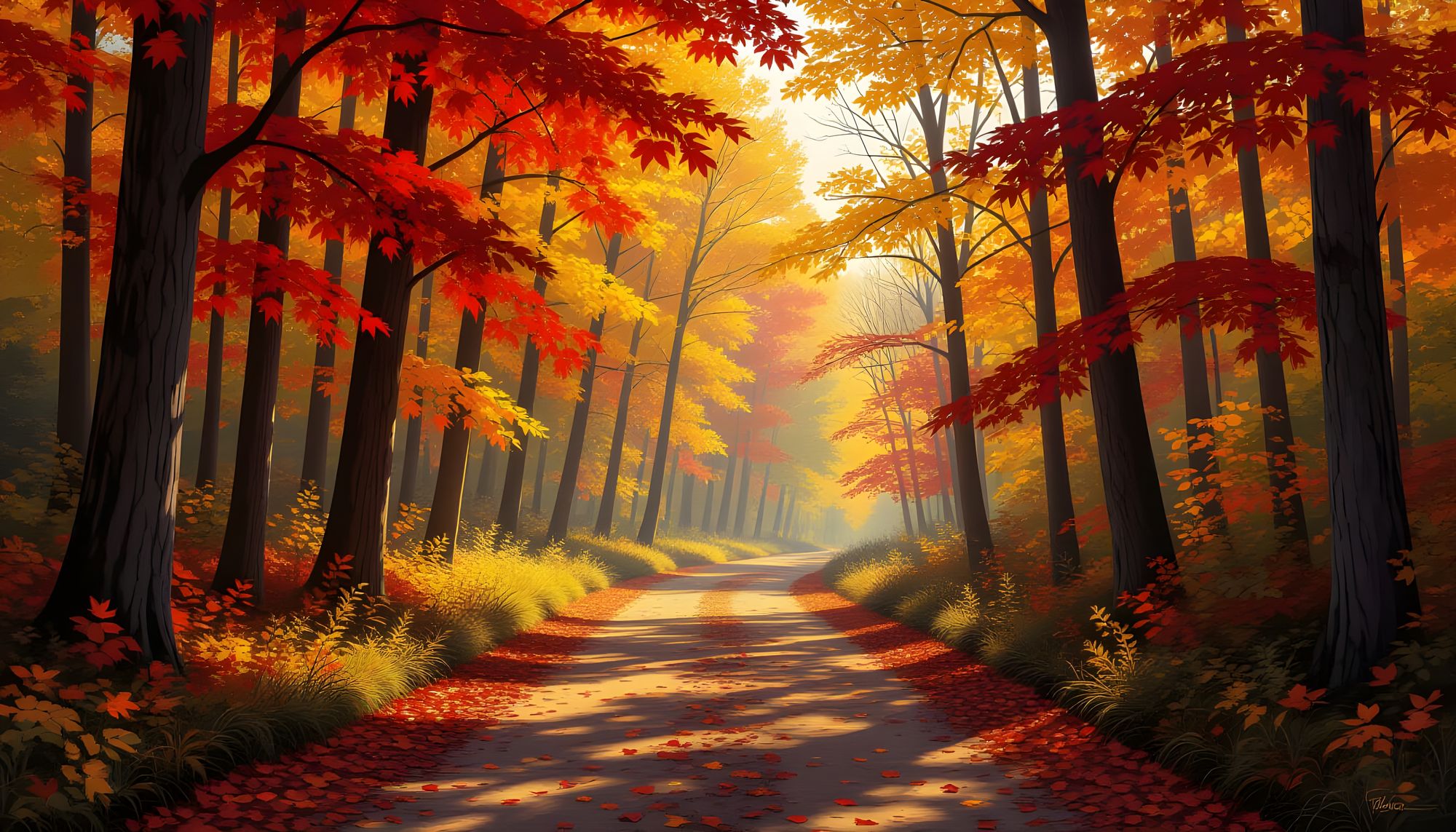 Golden forest path lined with maple and oak trees in peak fall color. A gentle breeze scatters leaves across a sunlit trail.