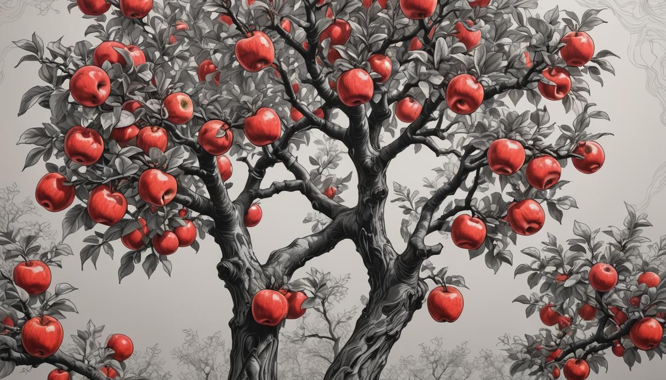 double exposure a line drawing baby red apple tree