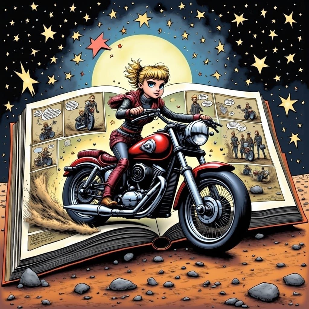 Dynamic skewed angle view of A comic book with open pages showing a comic strip of a Gritty, high-contrast illustration of Tank Girl standin...