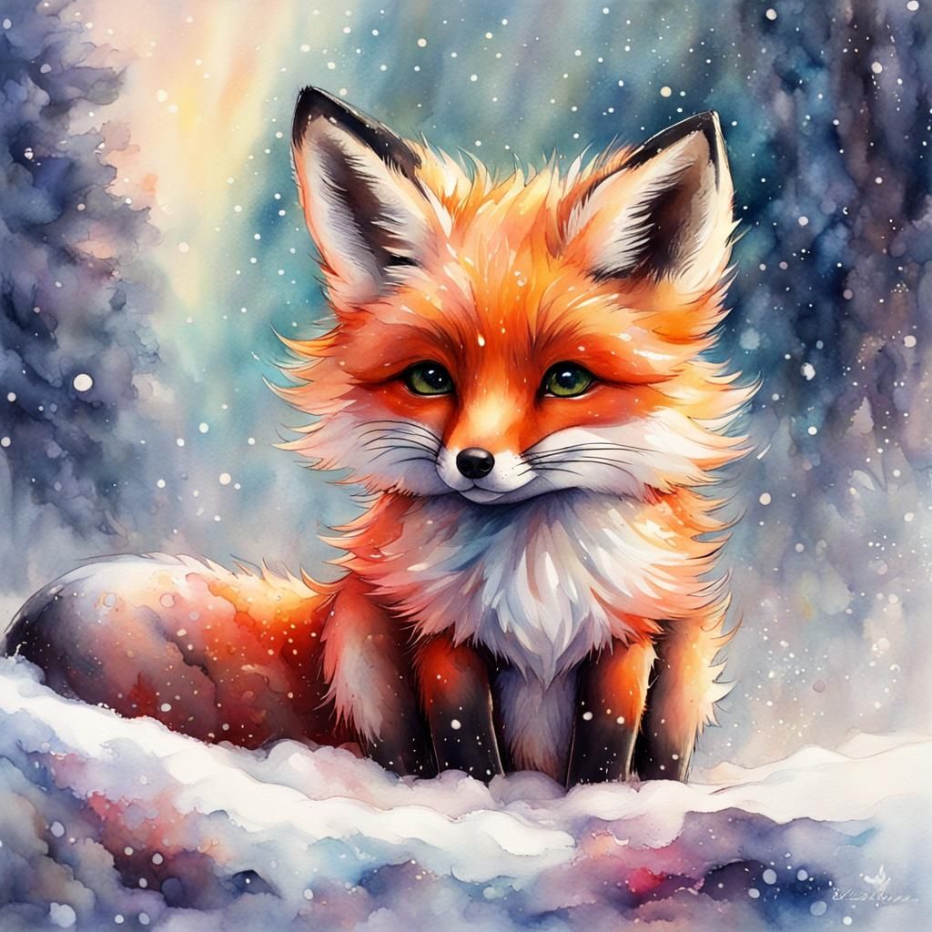 Adorable Christmas Fox Fantasycore Stylized splashy Watercolour by JB ...